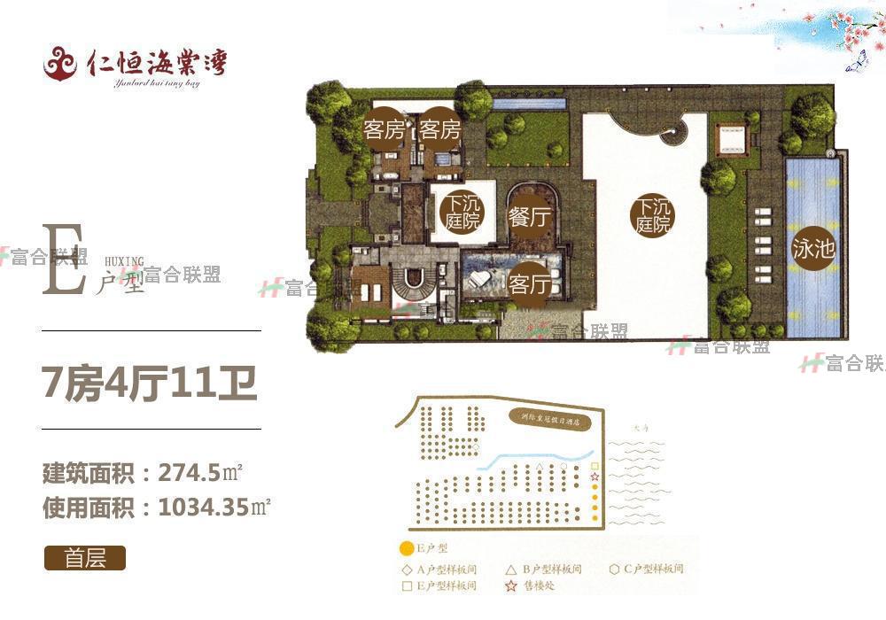 独栋别墅E户型 首层 7房4厅11卫 274.5㎡使用面积1034㎡.jpg 