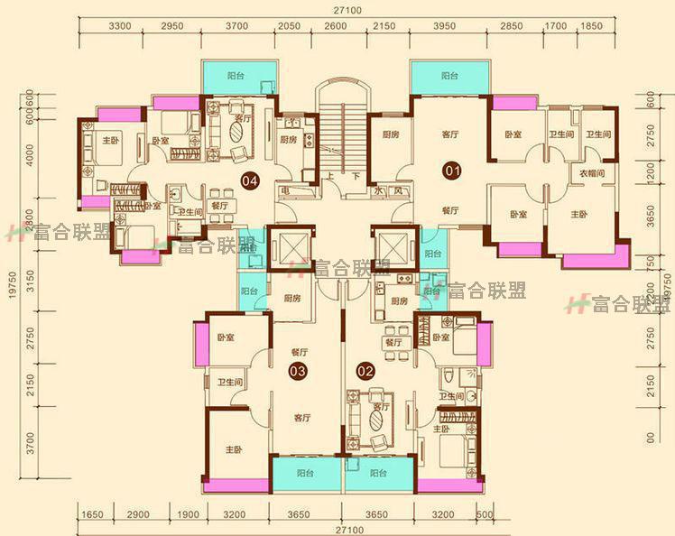 7#标准层01 02 03 04户型居  室：3室2厅2卫1厨建筑面积：106.00㎡.jpg