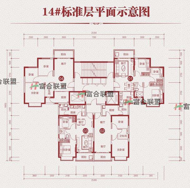 13#标准层01 02 03 04户型居  室：3室2厅1卫1厨建筑面积：90.34㎡.jpg