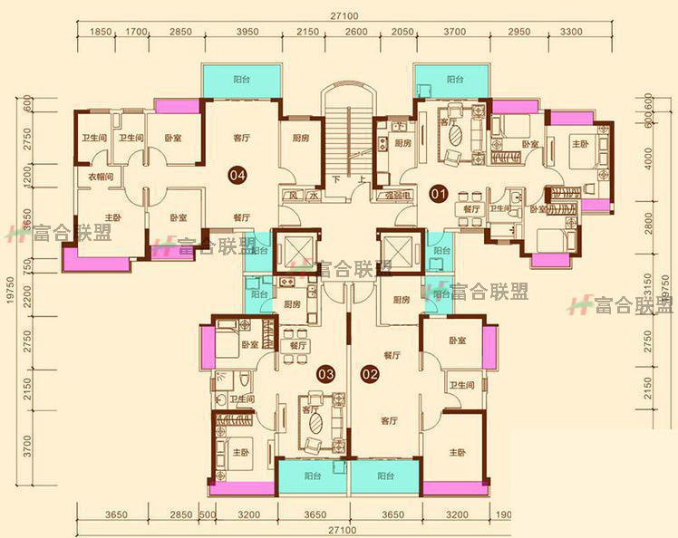 10#标准层01 02 03 04户型居  室：3室2厅1卫1厨建筑面积：93.00㎡.jpg