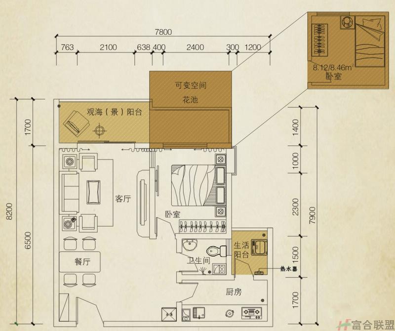 观澜阁B2户型图 1室2厅1卫1厨58㎡.jpg