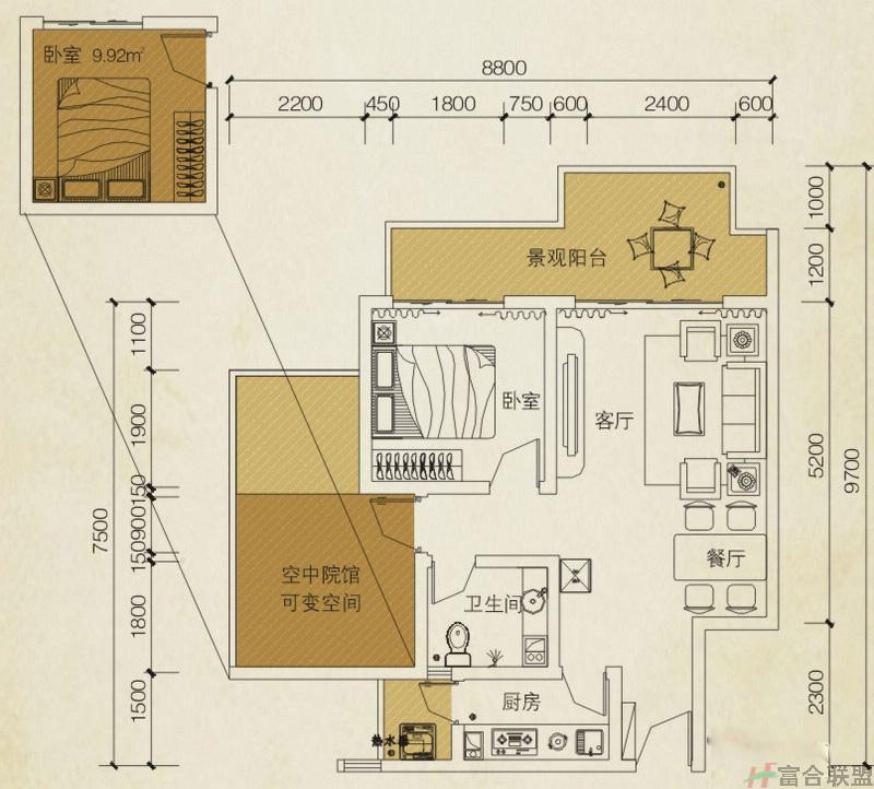 听涛阁C6户型图 1室2厅1卫1厨63㎡ 