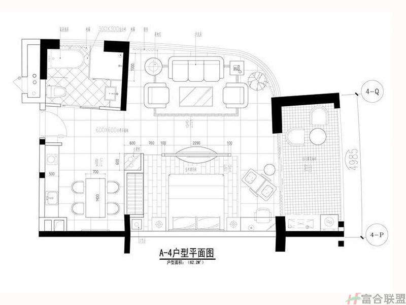 A-4户型：一房一厅一卫62㎡ 