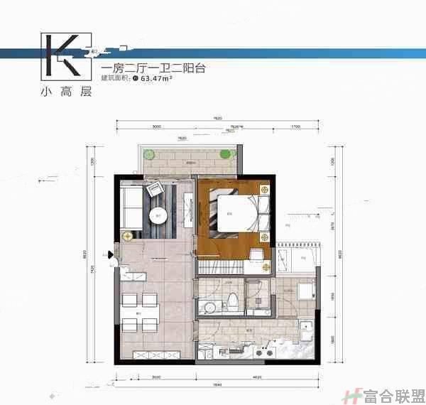 K户型1室2厅1卫建筑面积：63平米.jpg