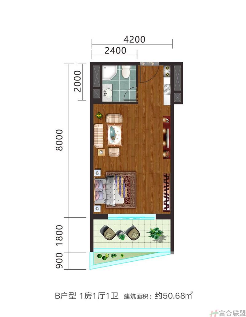 B户型 1房1厅1卫  建筑面积约50.68.jpg