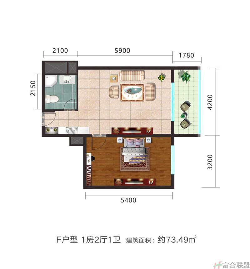 F户型 1房2厅1卫  建筑面积约73.49.jpg