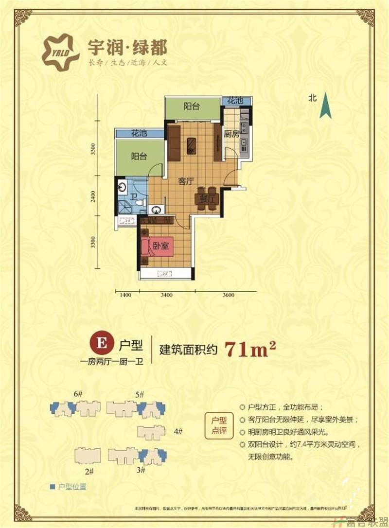 E户型 1房2厅1厨1卫 建筑面积71 