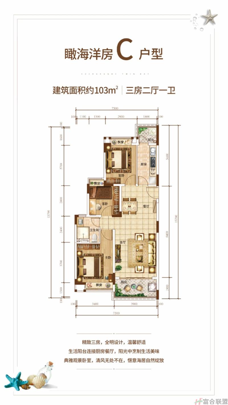 洋房C户型 3房2厅1卫 建筑面积103.jpg