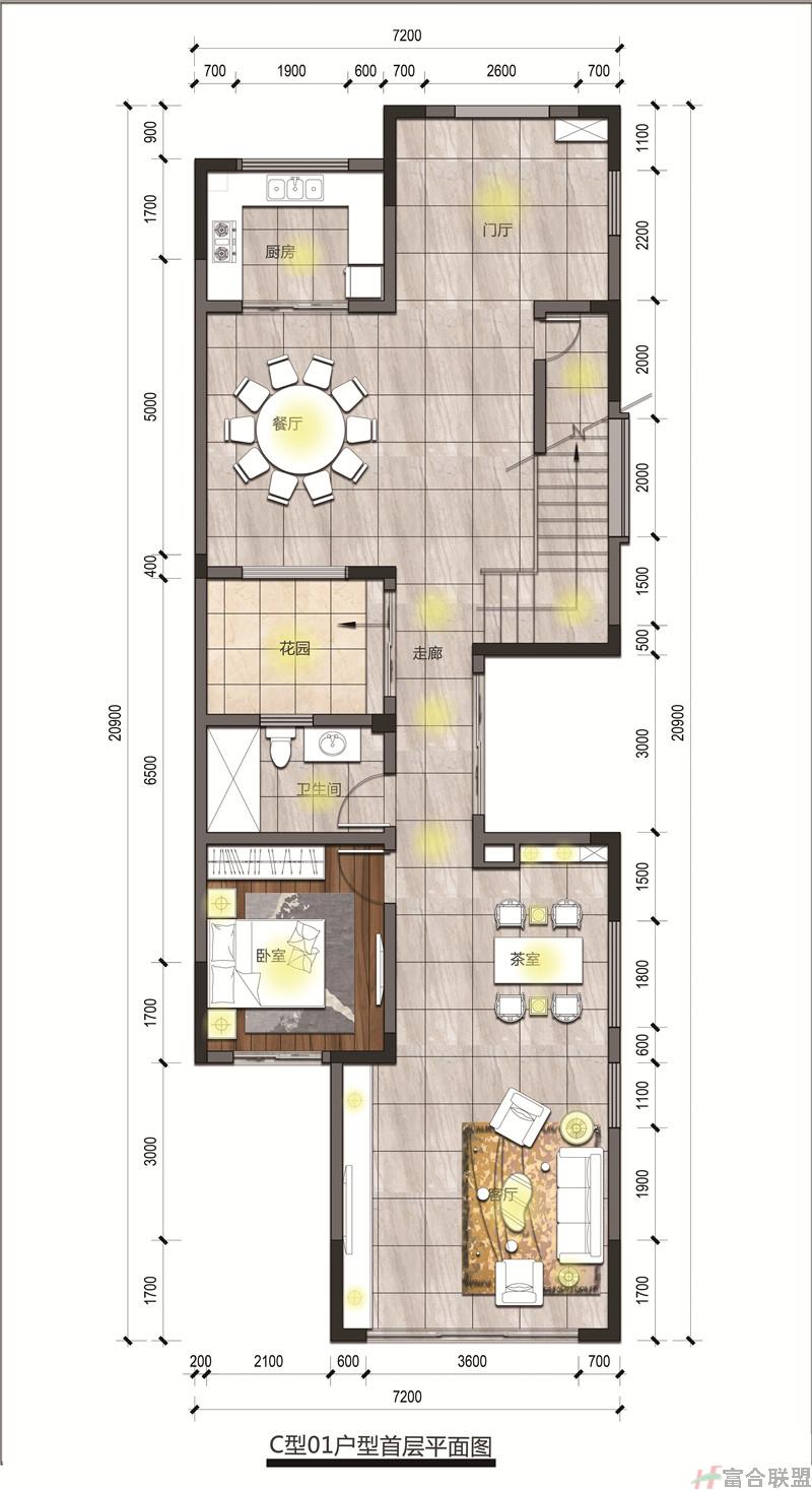 联排 、双拼 C型01户型首层平面图 建筑面积126.78㎡、129.20㎡.jpg