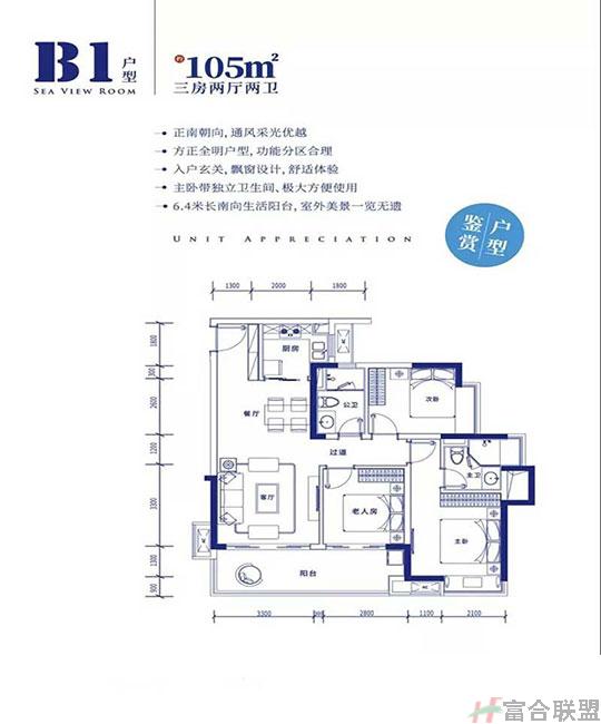 B1户型 3室2厅2卫 建筑面积约：105㎡.jpg