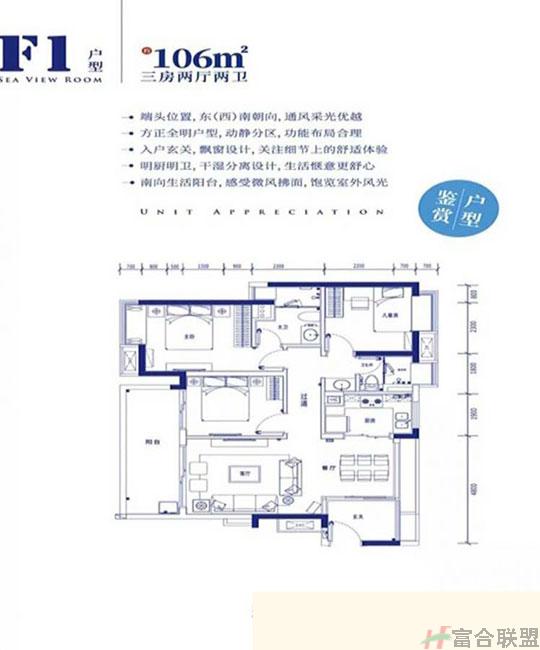 F1户型 3室2厅2卫 建筑面积约：106㎡.jpg