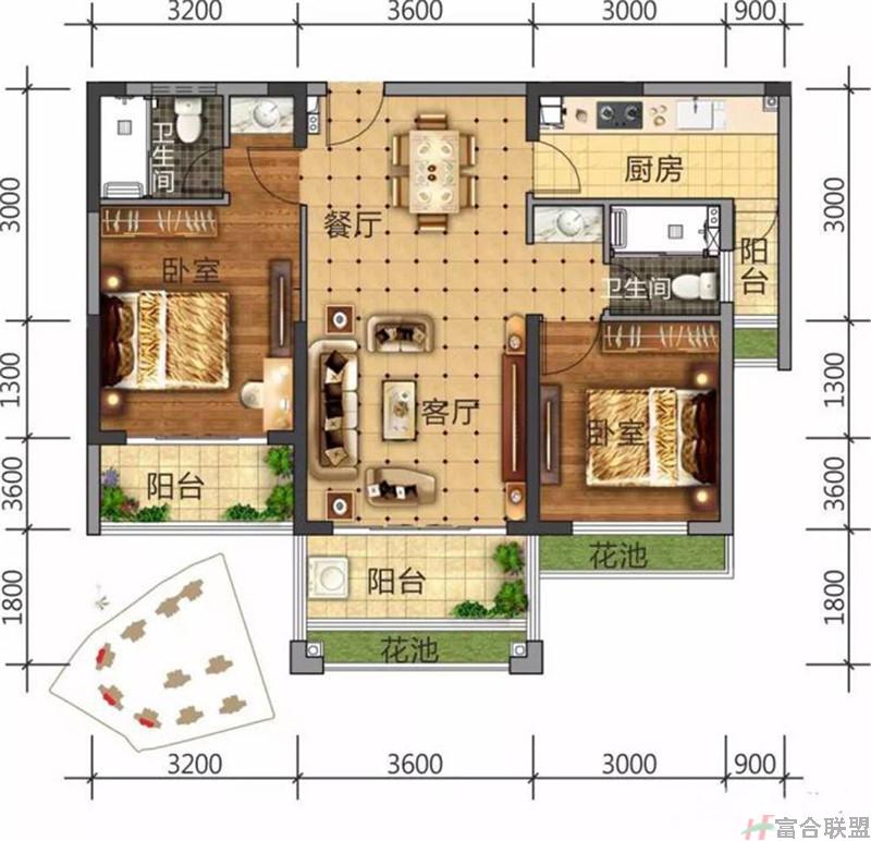 1户型在售 两房两厅一厨两卫三阳台 建筑面积约：85㎡.jpg