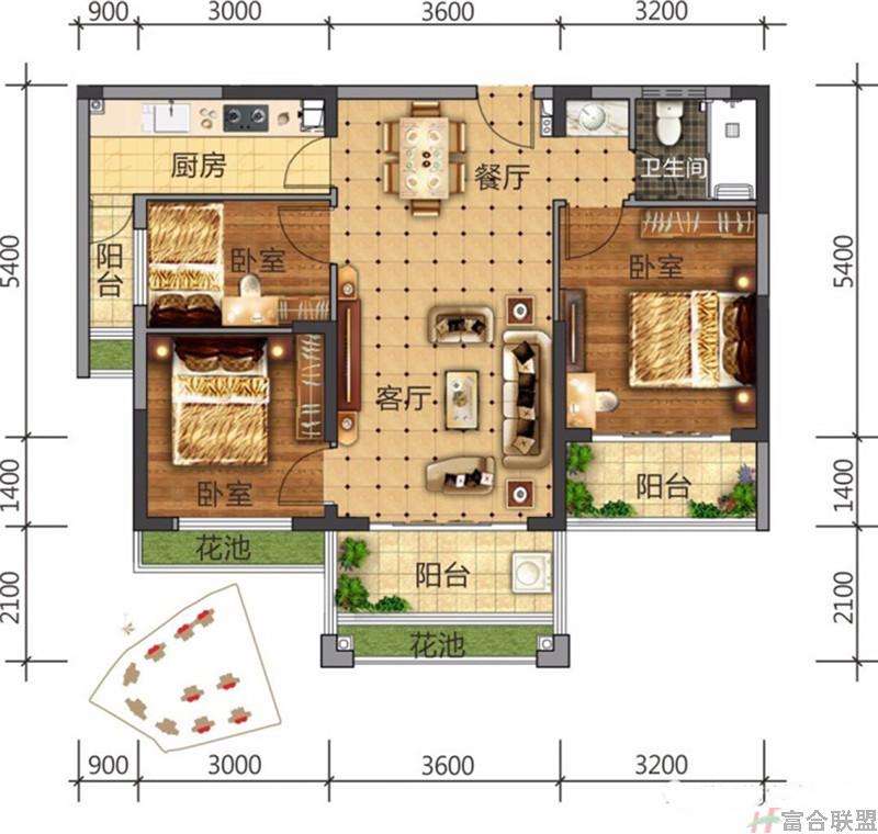 2户型在售 三房两厅一厨一卫三阳台 建筑面积约：85㎡.jpg