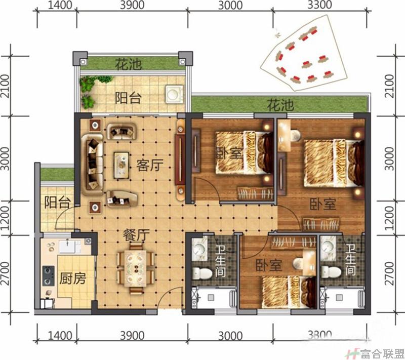 3户型在售 三房两厅一厨两卫两阳台 建筑面积约：95㎡.jpg