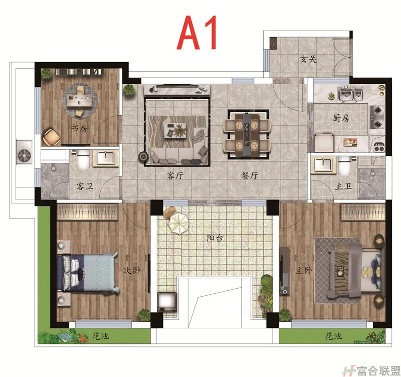 A1户型 3房2厅2卫 建筑面积101平米.jpg