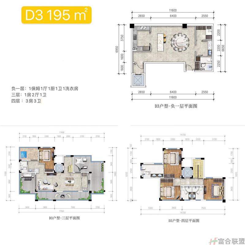 D3户型 5房3厅5卫  建筑面积195平米 