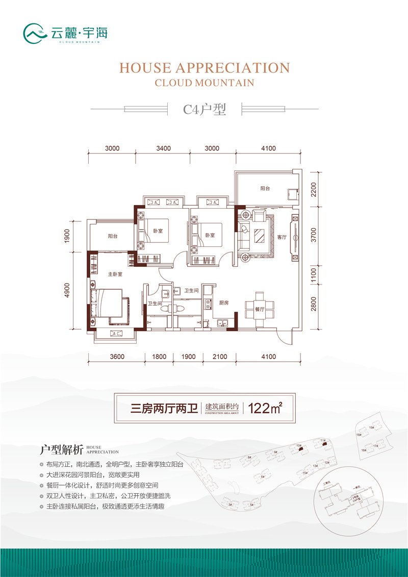 C4户型 三房两厅两卫 建面122㎡ 