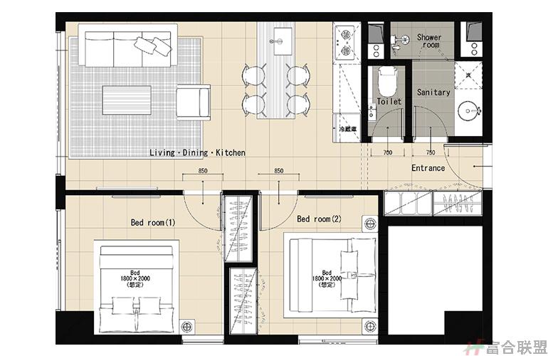 B户型 2居2厅1厨1卫建筑面积70-75㎡.jpg