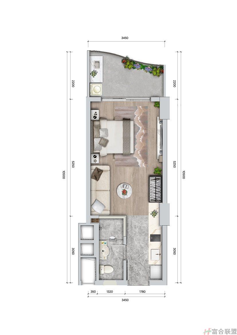 A户型  一室一厅一厨  建筑面积：42㎡