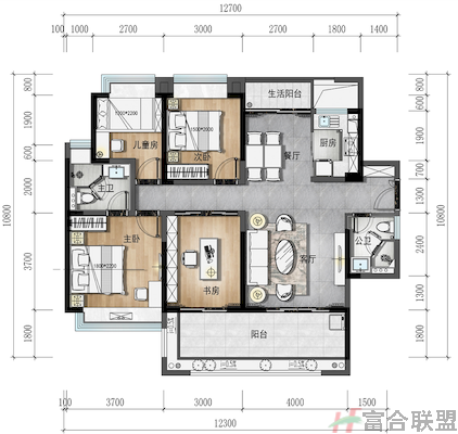 东岸蓝湾 高层 B户型 3+1房2厅2卫 建筑面积124㎡.png