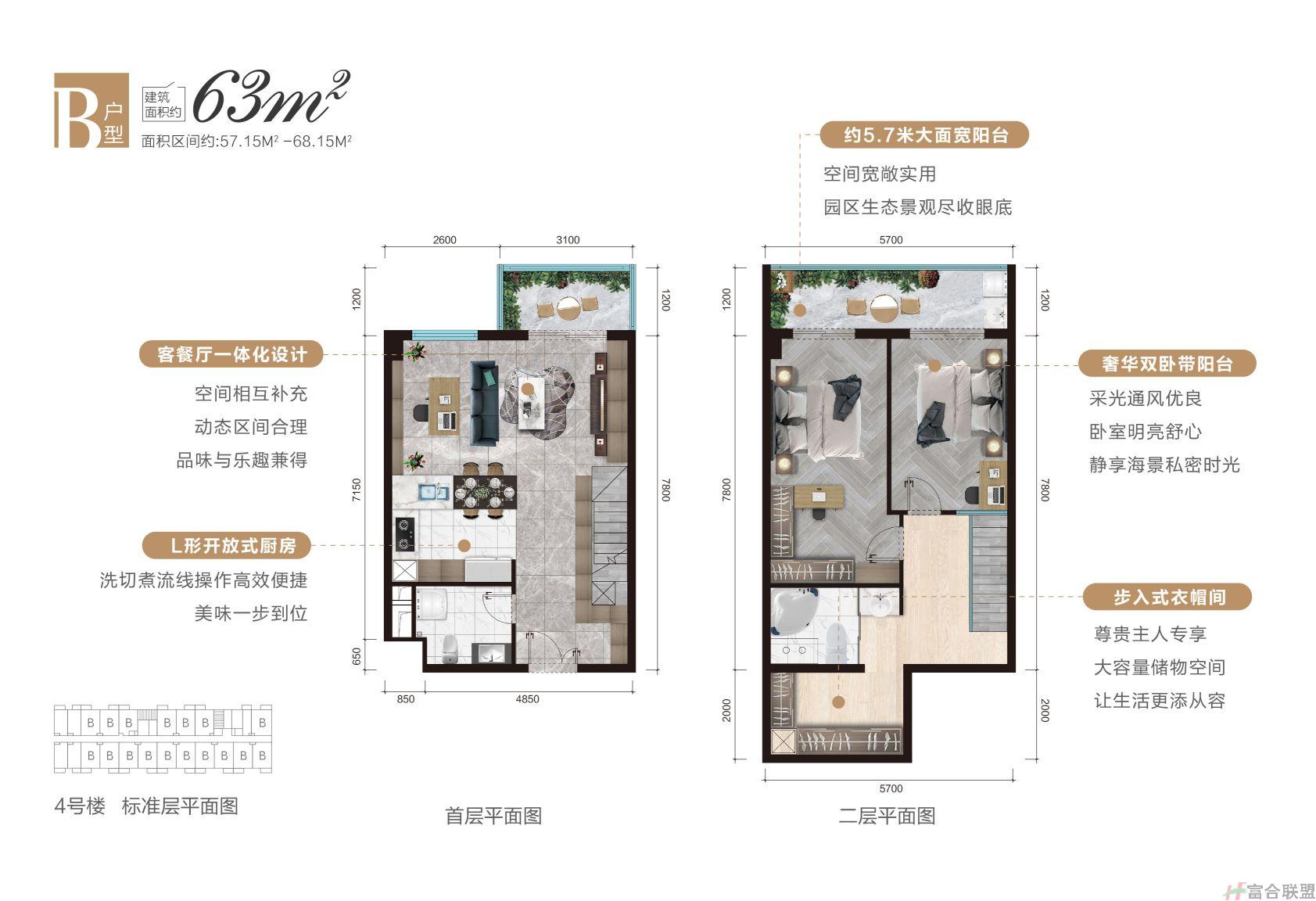 B户型 建筑面积约5715㎡-6815㎡